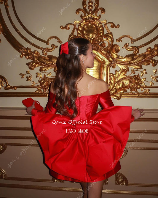 Qanz Sexy Red Short Prom Dresses Satin With Large Bow Long Sleeves Dress Party  image 0