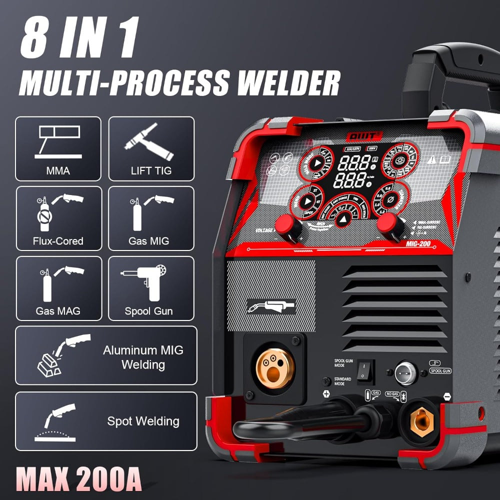 MIG Welder 200Amp 8 in 1 Gas MIG/Gasless Flux Core MIG/Stick/Lift TIG/Spot Weld image 1
