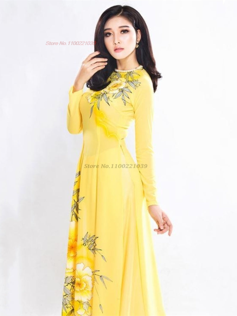 2024 vietnam traditional dress aodai national dress+pants set flower print qipa image 3