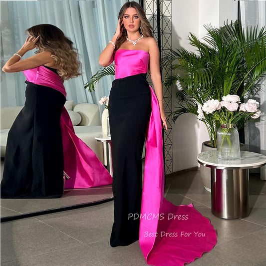 Charming Hot Pink/Black Satin Evening Party Dresses Strapless Floor Length Simp image 0