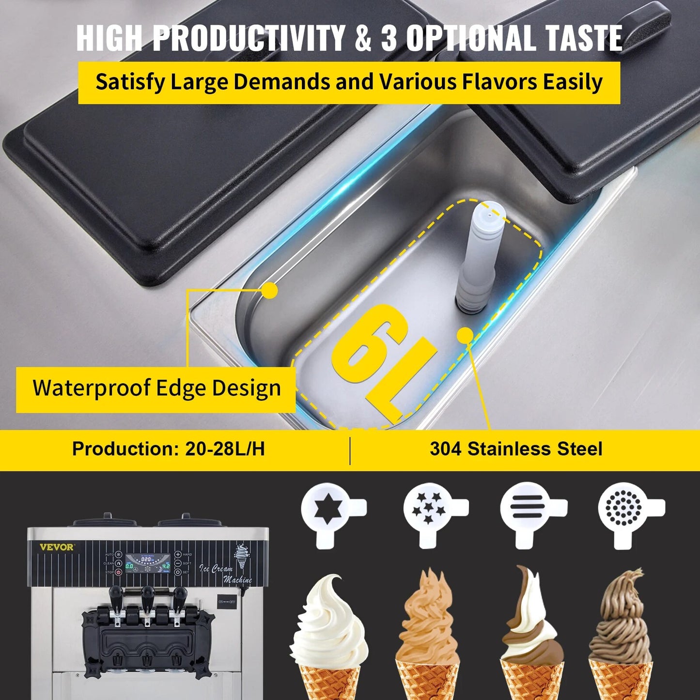 VEVOR 18-28L/H Soft Ice Cream Machines Commercial Sorbet Coolers Tricolor Deskt image 4
