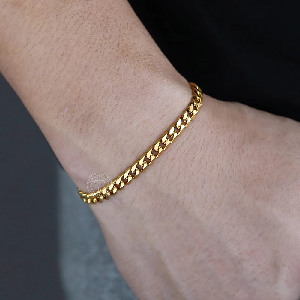 Women's Men's Bracelet Stainless Steel Cuban Link Chain Bracelets Gold Color Si image 2