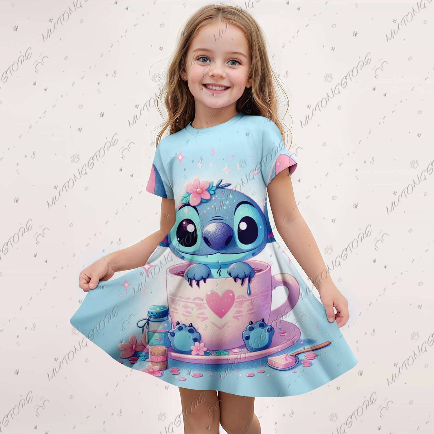 2024 Summer Girls Gift Short Sleeve Dress Original Cute Stitch 3d Print Kids Sk image 4