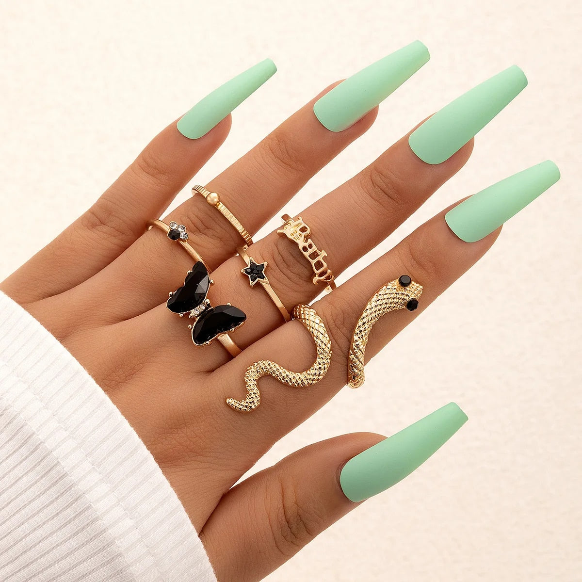 Colorful Crystal Snake Shape Ring Set For Women Fashion Butterfly Heart Gold Co image 18