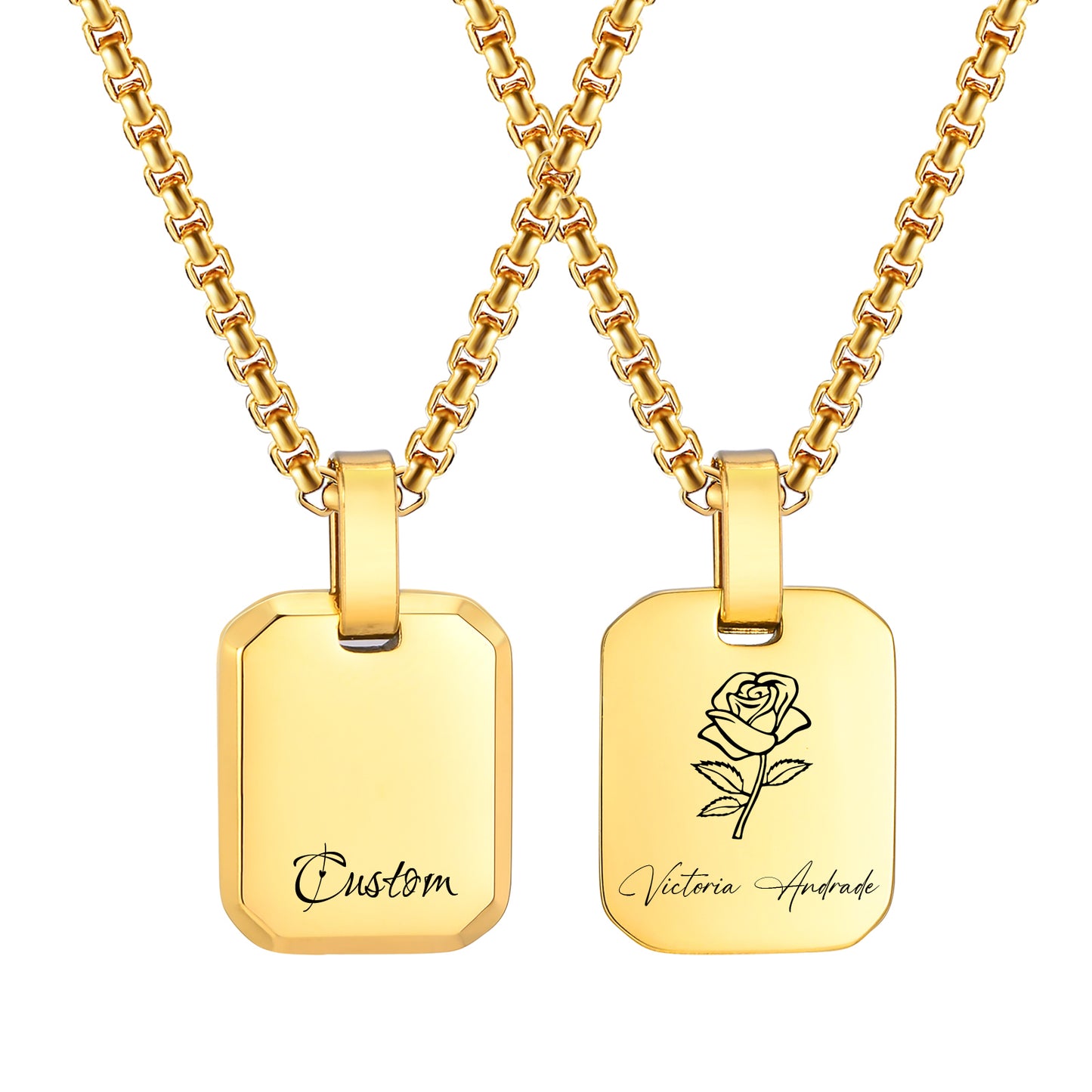 Engrave Square Necklace Personalized Tag ID Pendant, Stainless Steel Gold Plate image 1
