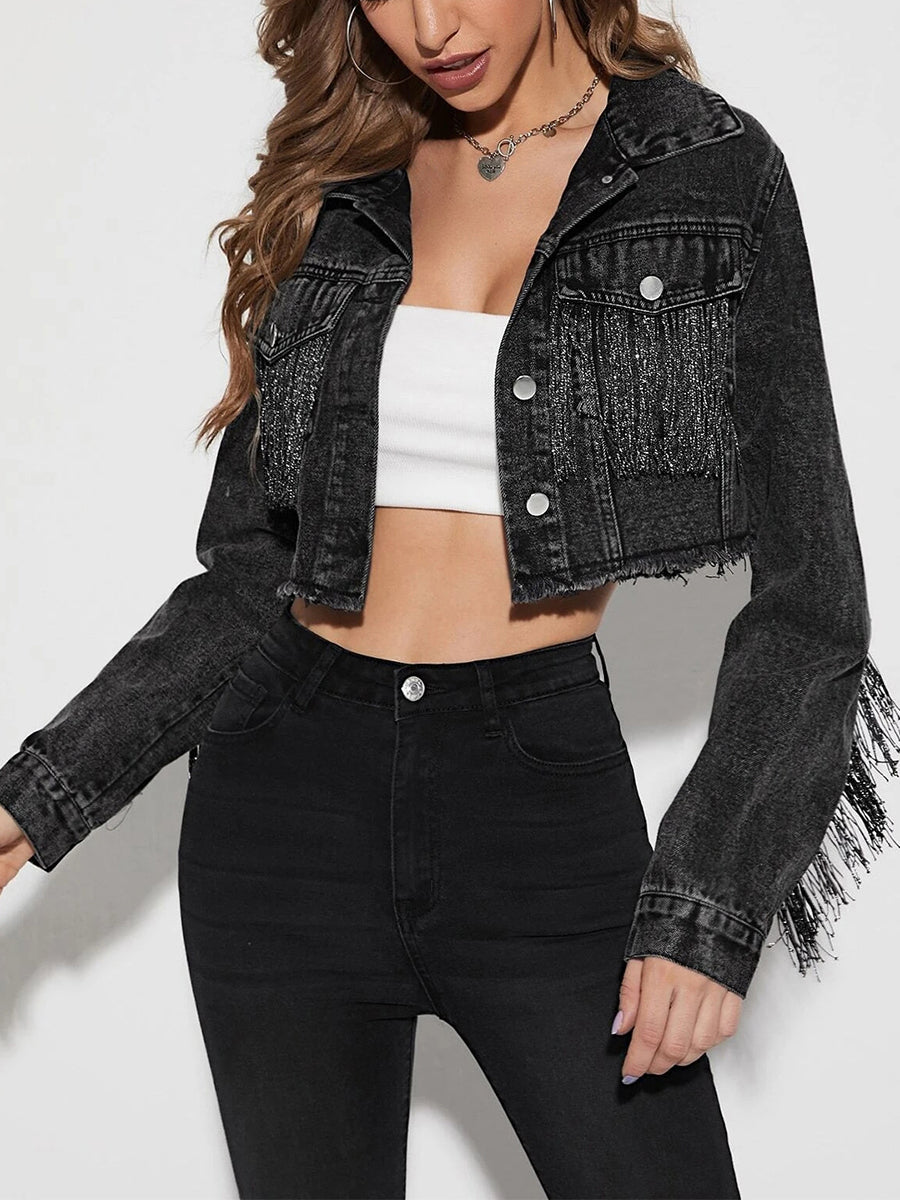 Women s Denim Jacket with Long Sleeves Turn-down Collar Button Closure and Tass image 2