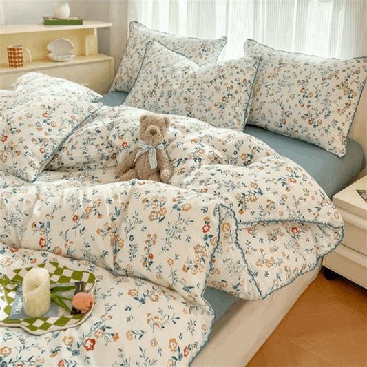 Korean Style Bedding Set Fresh Botanical Kids Adults Leaves Flower Washed Cotto image 0