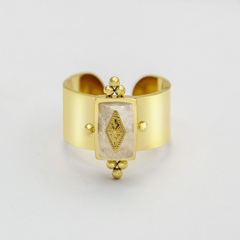 Creative Gold Plated Stainless Steel Rings for Women Simple Geometric Round Nat image 11