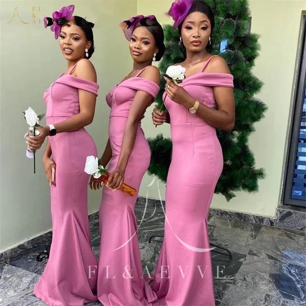Fashion Pink Satin Mermaid Wedding Party Dresses Spaghetti Straps African Brides image 0