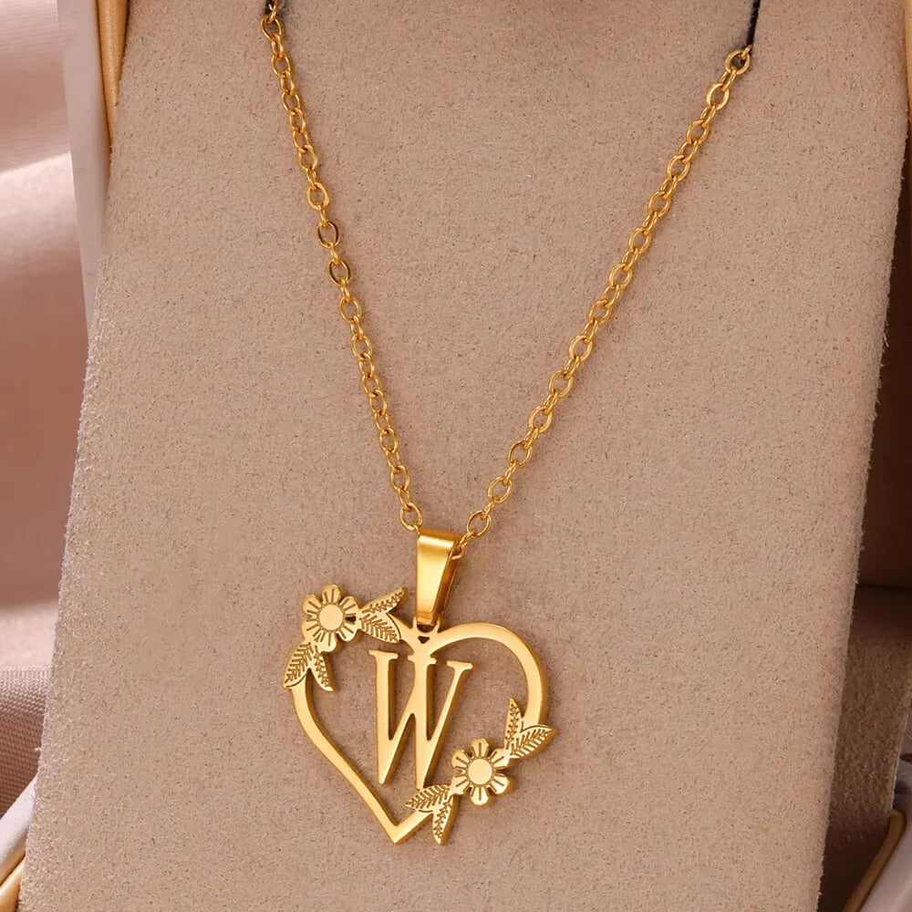 Gold Color Dainty Flower Initials Necklace Women Girl Stainless Steel Heart Let image 22