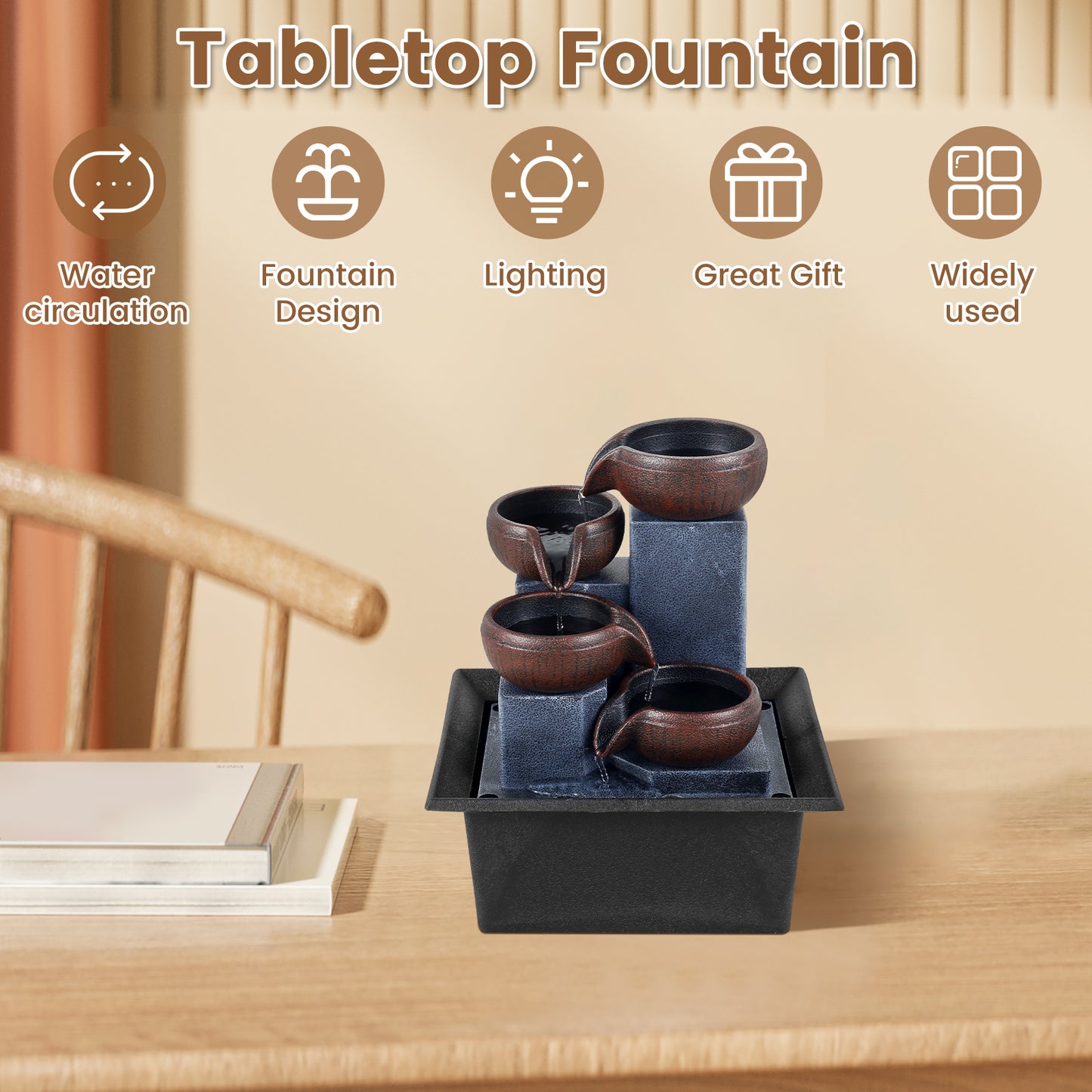 Indoor Tabletop Water Fountain with LED Light 4-Level Desktop Waterfall Fountai image 1