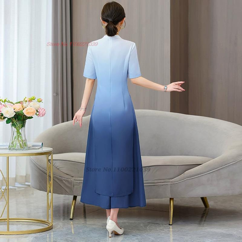 2024 vietnam aodai dress women national gradient color dress+pants set flower p image 3
