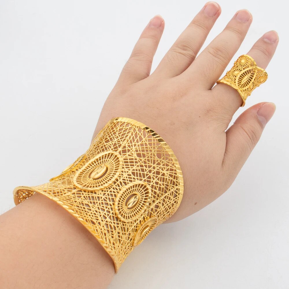 Dubai Cuff Bangle with Ring For Women 18k Gold Plated Copper Bracelet Jewelry N image 12