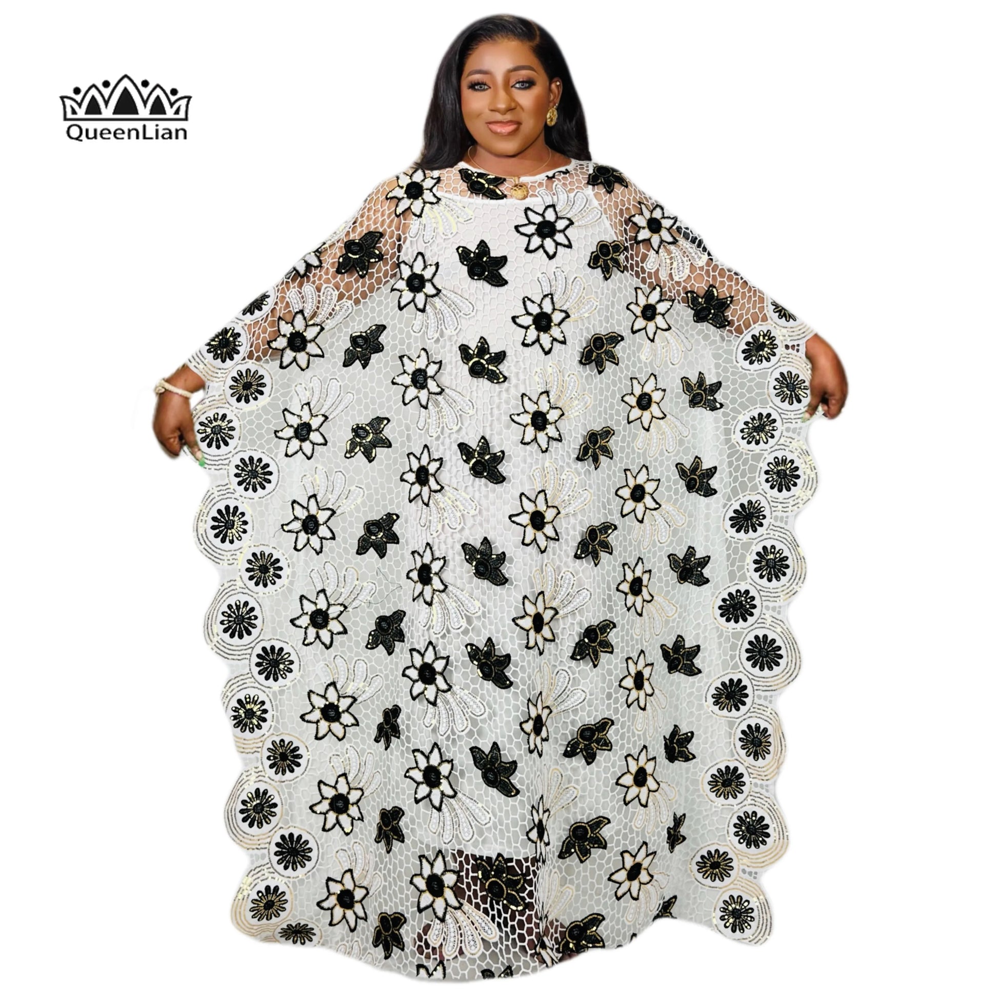 PLus size Elegant Kaftan Dress Women's Sequin Floral Patterned bat Sleeve Round image 5
