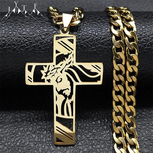 Hip Hop Punk Crown of Thorns Jesus Cross Necklace for Men Stainless Steel Gold image 0