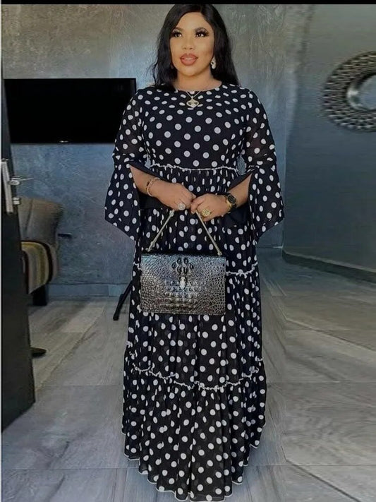Autumn Flare Sleeve Long Maxi Dress Femme Dot Print Boubou Robe Evening Party D image 0