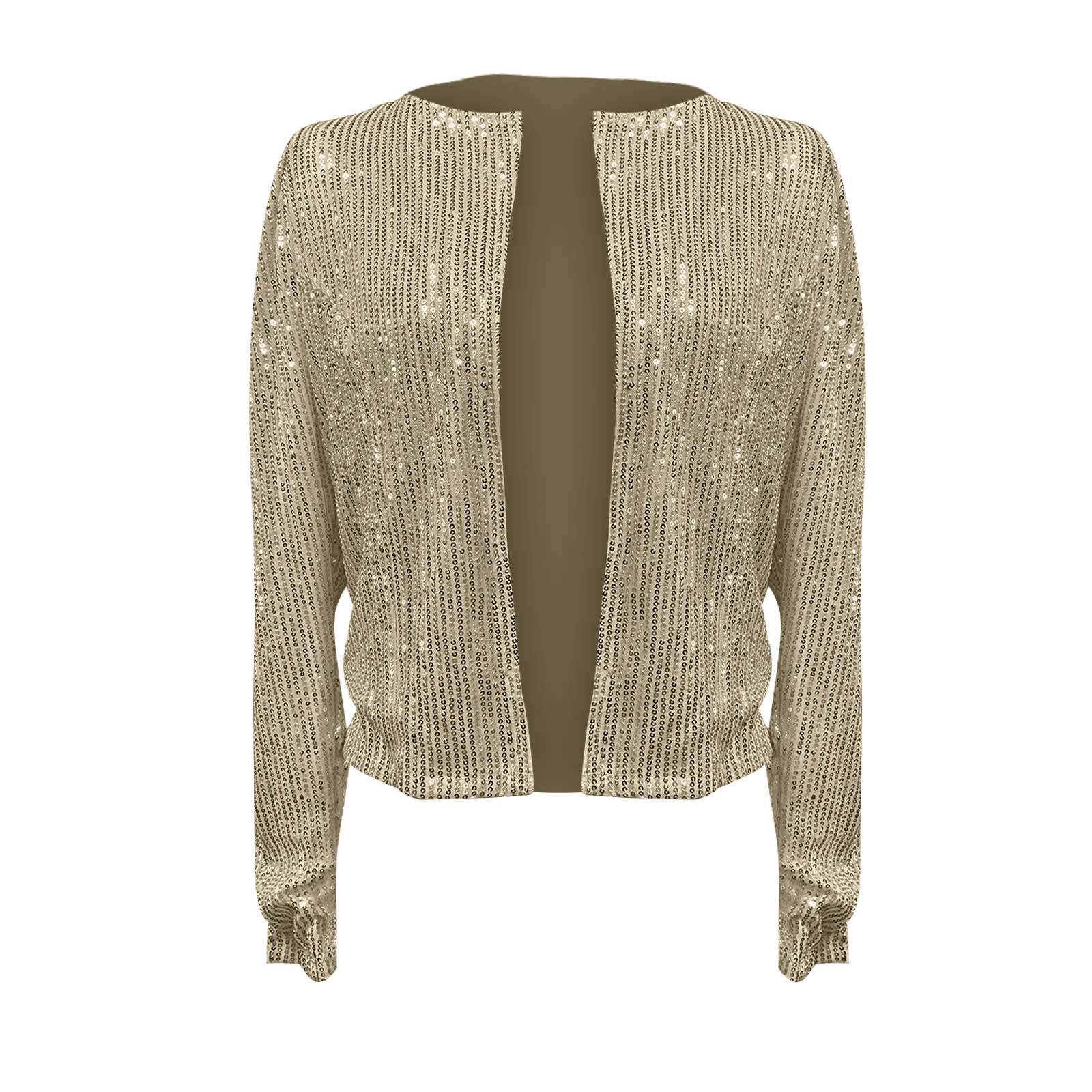 2024 Women's Sequin Casual Cropped Jacket Fashion Long Sleeve Solid Color Blaze image 5