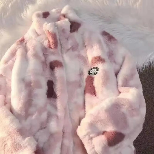 New Women's Tie Dye Lamb Fleece Jacket Autumn Winter Zipper Outerwear Warm Plus image 0