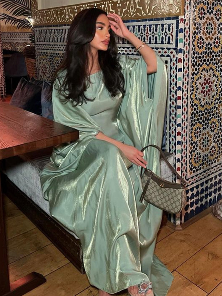 Fashion Glossy Gauze Muslim Kimono Abaya O-neck Maxi Robe Women 2024 Spring Sum image 4