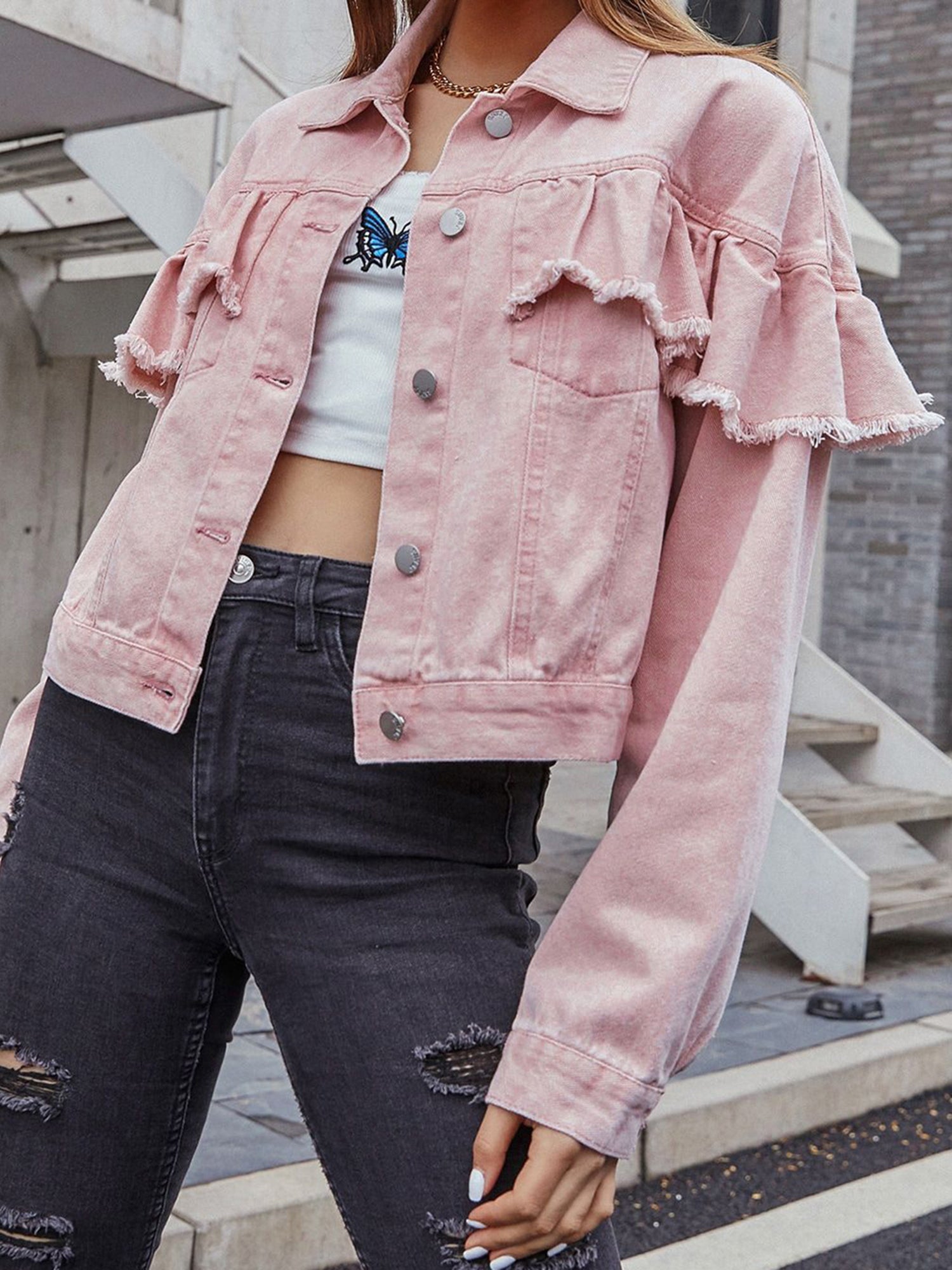 Ladies Frilled Denim Coat with Long Sleeves Collared Neckline and Button Closur image 4