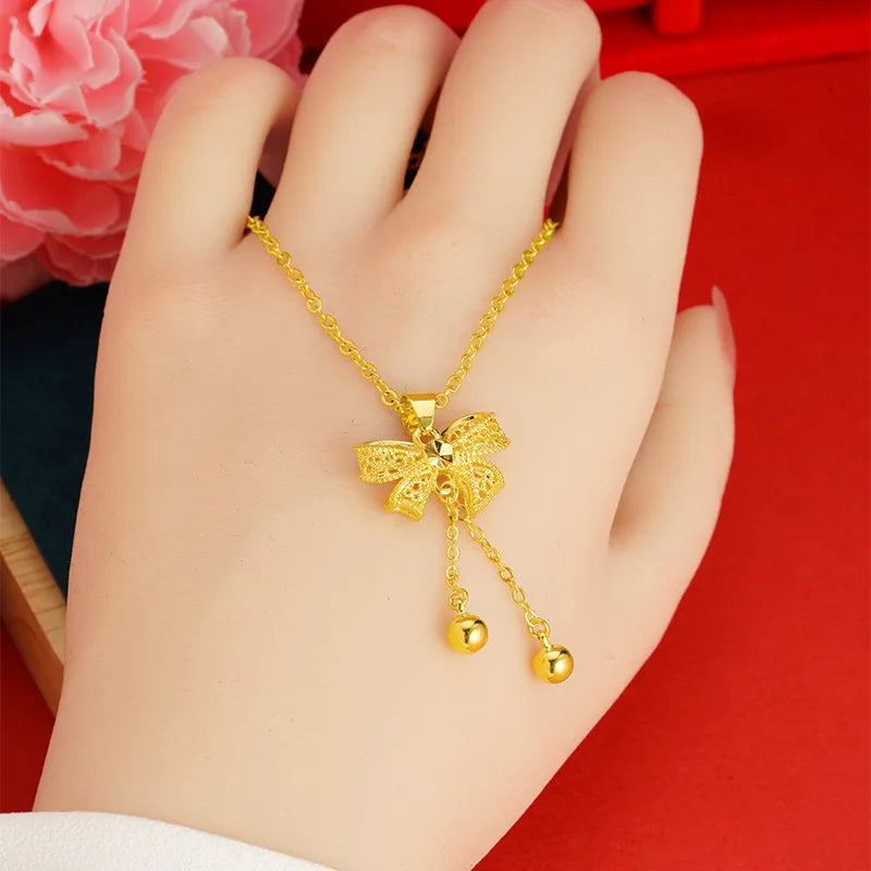 Pure 18 K Gold Color 3D Bow Pendant Women's Necklace for  Women Gold Color Chai image 3