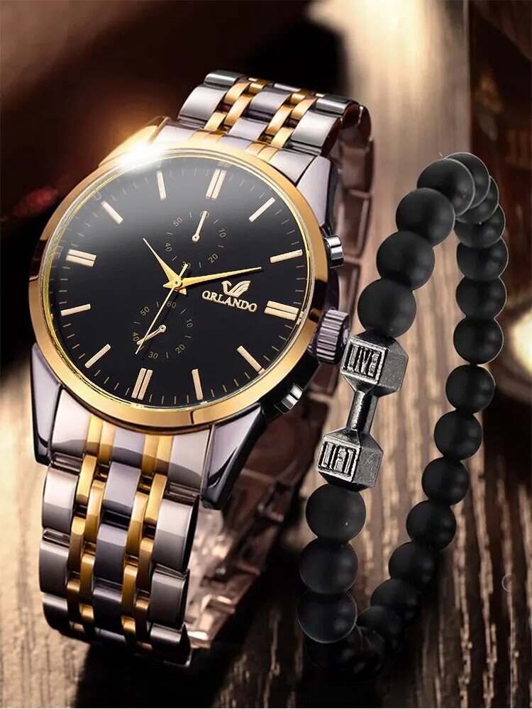 2PCs Fashion Business Big Dial Men's Room Gold Steel Band Quartz Wristwatch wit image 1