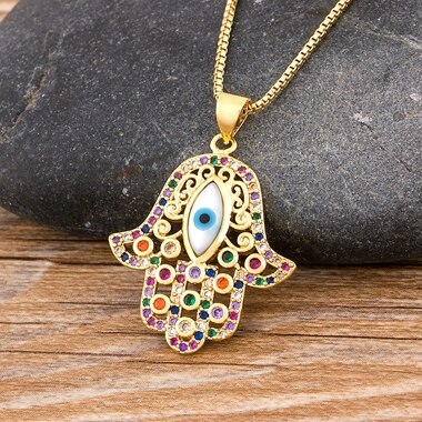 Hot Sale Women Men Hamsa Hand Necklace Gold Color Copper Zircon Evil Eye image 0