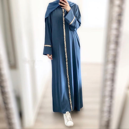 Muslim Robe Fashion Splicing Panelled Sequins Dress Solid Color Chiffon Dress F image 0