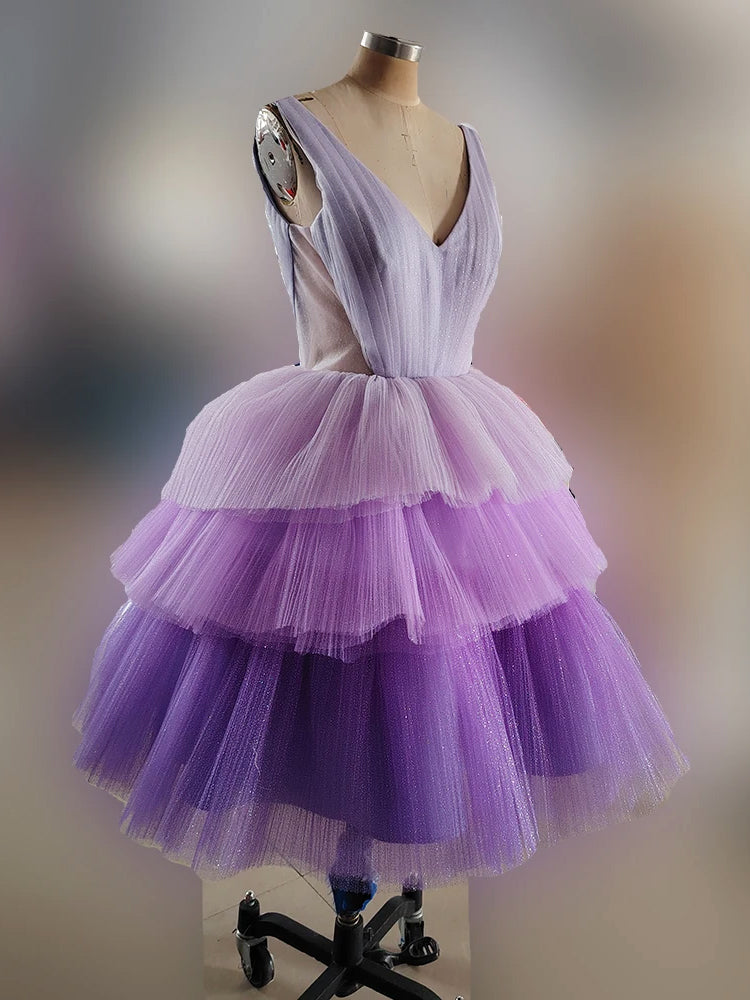 Purple Tiered Homecoming Dresses for Girls Women V-Neck Sleeveless Knee-Length  image 2