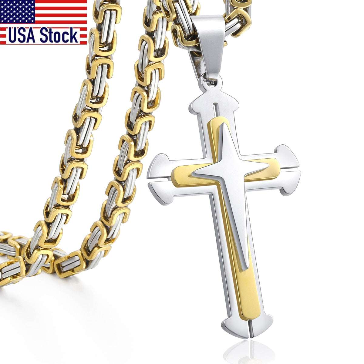 Men's Cross Necklace Gold Color Black Cross Pendant Stainless Steel Byzantine C image 1