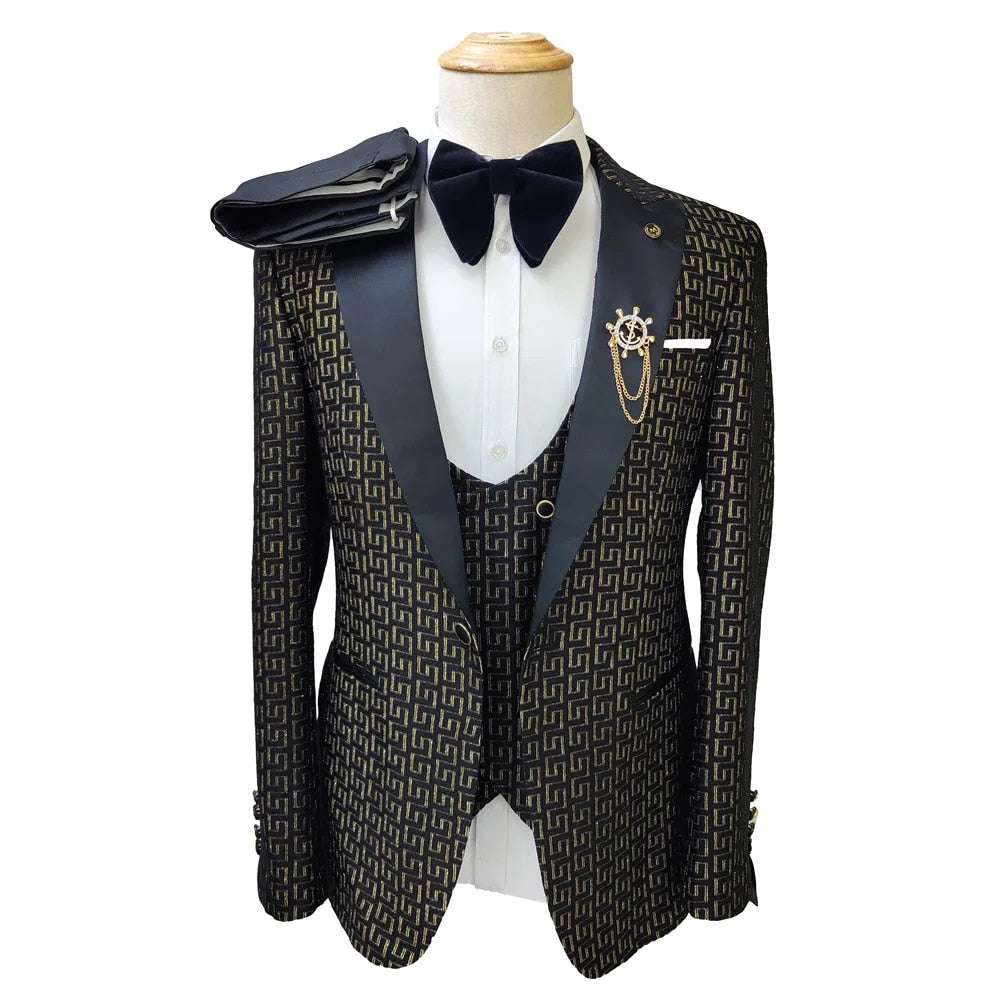Black and White Men's Suit 3-piece Gold Palace Print Road Wedding Costume Men C image 0