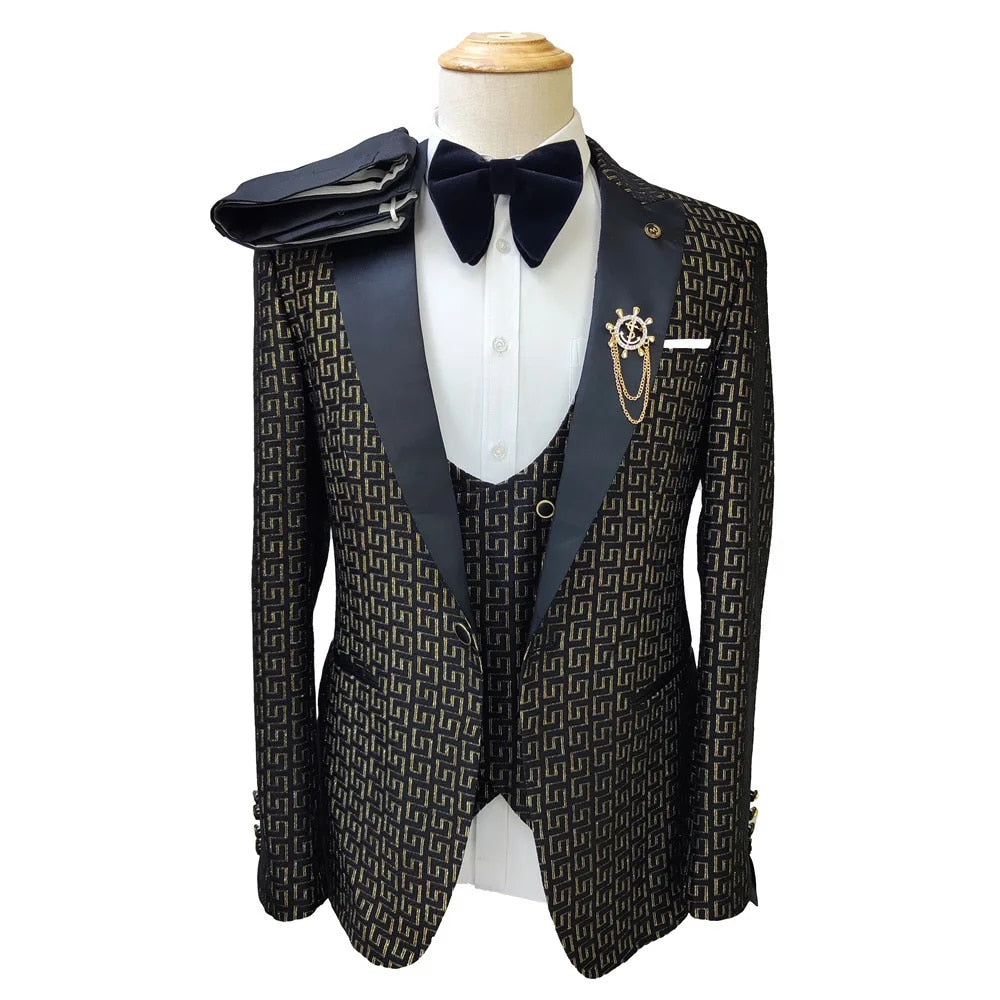 Black and White Men's Suit 3-piece Gold Palace Print Road Wedding Costume Men C image 0