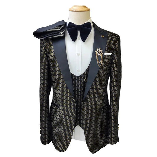Black and White Men's Suit 3-piece Gold Palace Print Road Wedding Costume Men C image 0