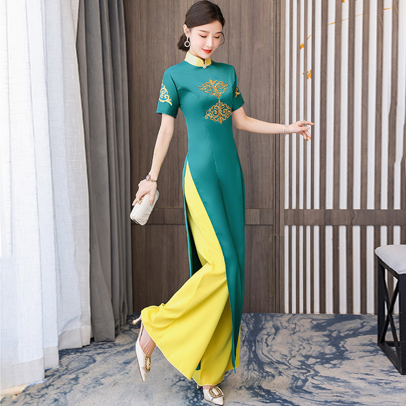 Ao Dai Vietnam Improve Qipao Green Women Fashion Long Chinese Style Two Piece S image 5