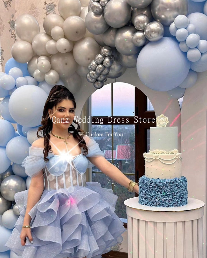 Qanz Short Sky Blue Homecoming Dresses Above Knee/Mini Shiny Tulle Vestidos De  image 1