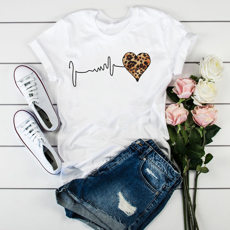 Summer New 90 's Leopard Heartbeat Short Sleeve Print Clothing Women's T-Shirt image 1