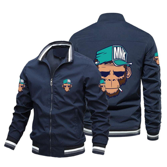 Men's Biker Jacket Coat Monkey Print Pattern Stand Collar Threaded Jacket Fall  image 0