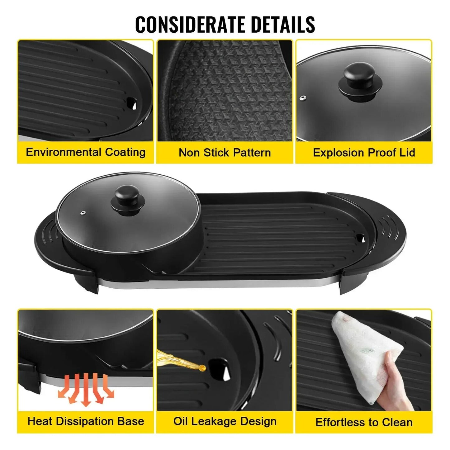 VEVOR Electric BBQ Pan 2 in 1 Grill Hot Pot Portable Smokeless Durable Material image 2