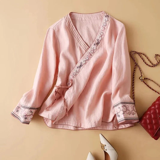 Chinese Cotton and Hemp Embroidery Top Women's Summer New Oriental Hanfu Loose image 0