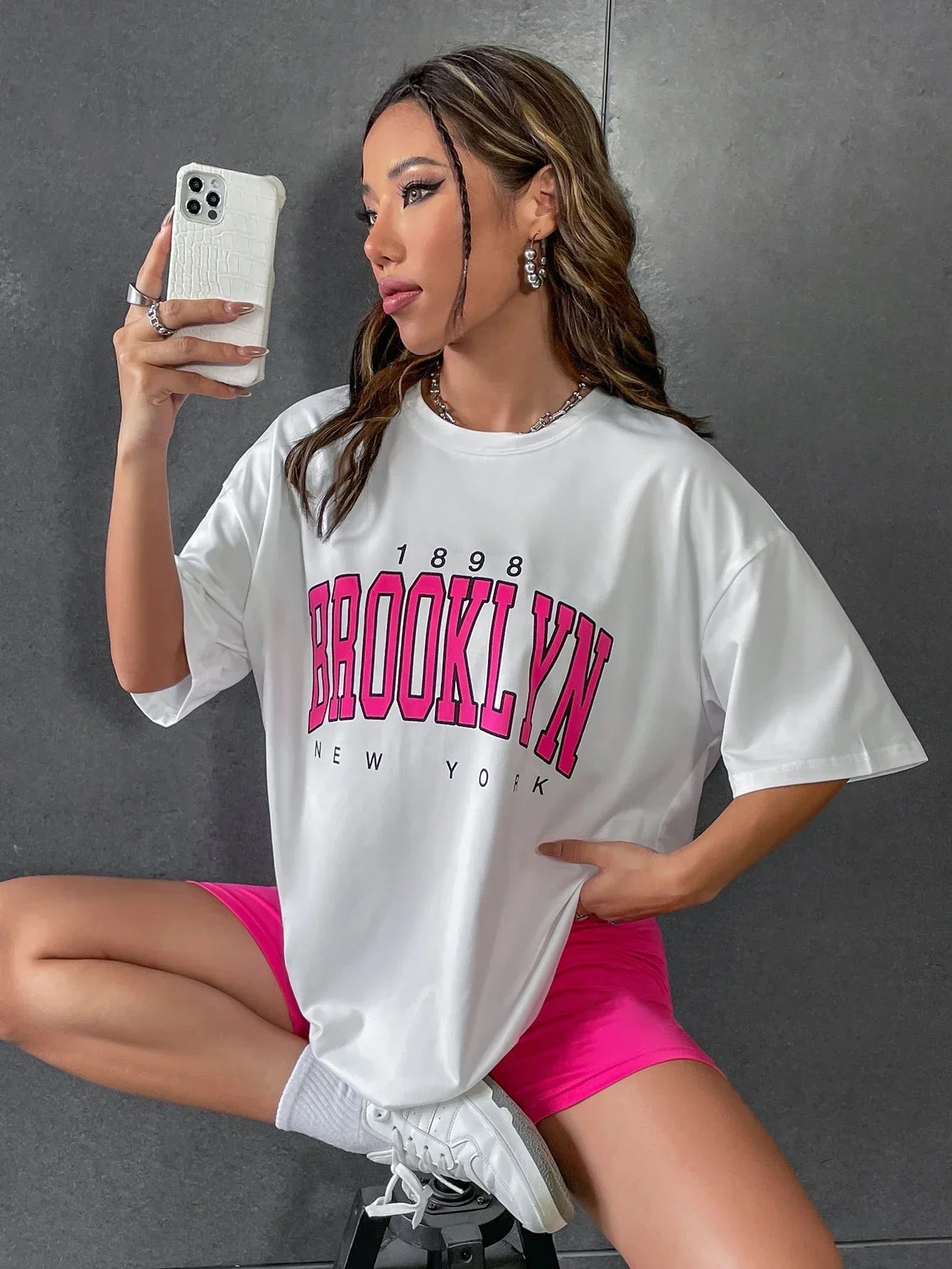 Women T Shirt 1898 Brooklyn York Letter Print Tops Tee Black T-shirt Female Sum image 0