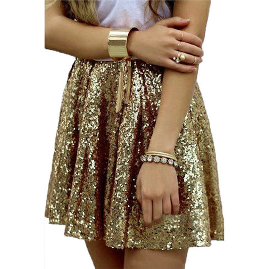 Women's Fashion High Waist Pleated Gold A-Line Short Skirt Loose Sequin Skirt P image 0