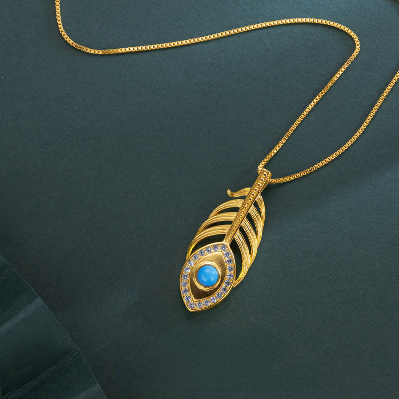 Elegant Real 14 K Gold Color Turquoise Feather Shape Necklace Chain for Women V image 2