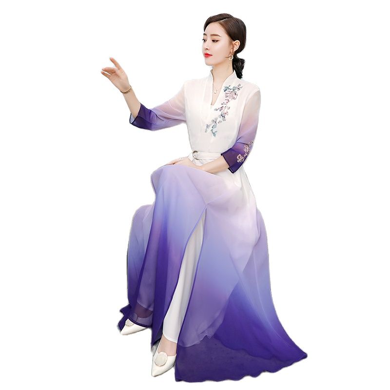 Aodai Floral Print Party Dress Oriental Women Chinese Style Cheongsam 3/4 Sleev image 5