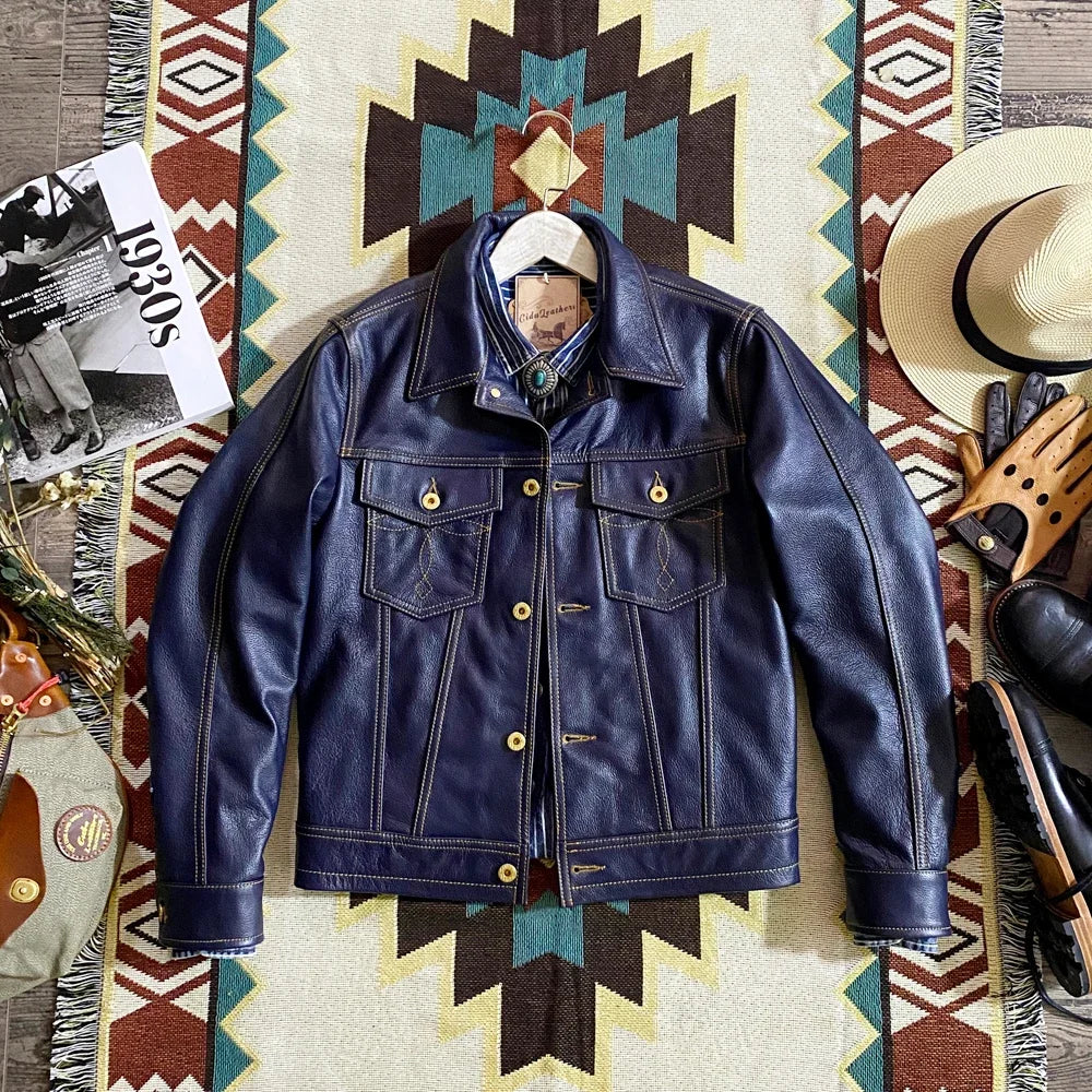 YR!Free shipping.Cuero Super slim blue genuine leather jacket.men classic casua image 1