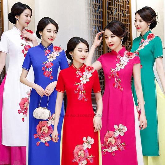 2024 vietnamese aodai vietnam cheongsam folk style qipao chinese flower embroid image 0