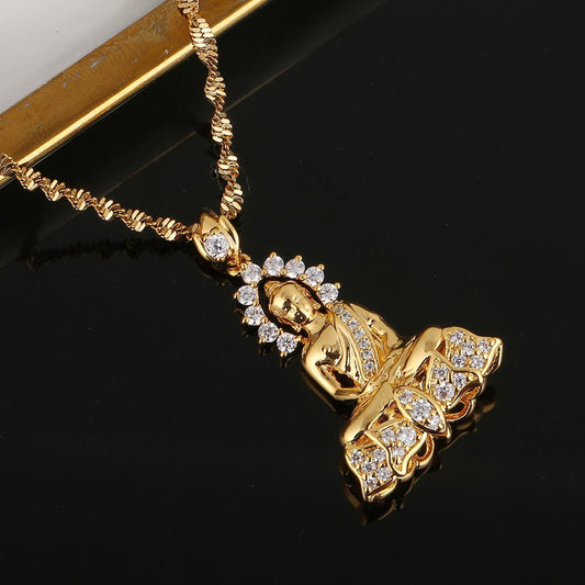 Gold Color Vintage Tibetan Amitabha Buddha Buddhist Pendant Necklace Chain image 0