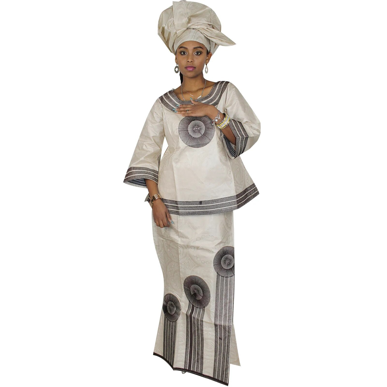 African Dresses For Women 3/4 Sleeve Top With Wrapper And Scarf 3pieces One Set image 0
