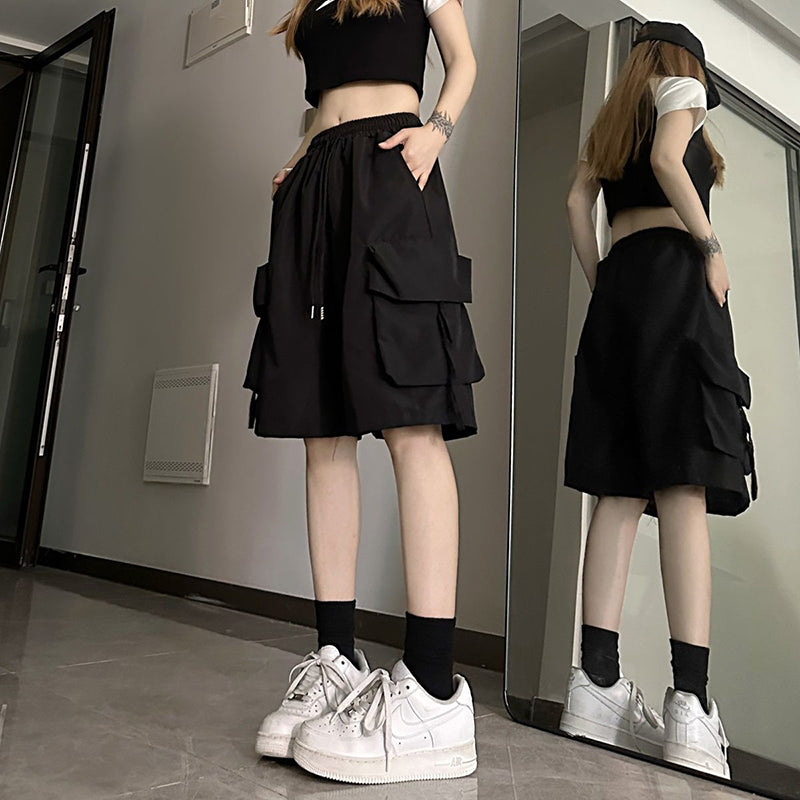 ZOKI Women High Waist Cargo Shorts American Style Streetwear Summer Wide Leg Pa image 0