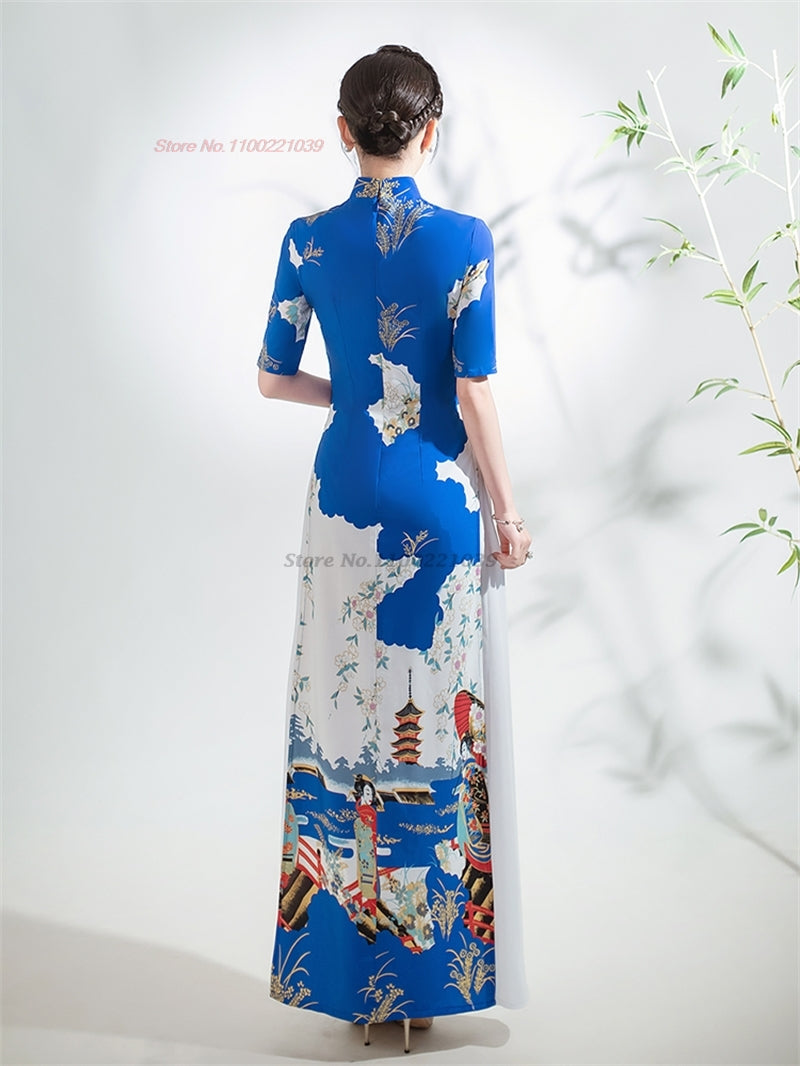 2024 vietnam traditional dress ao dai national flower print cheongsam oriental  image 4