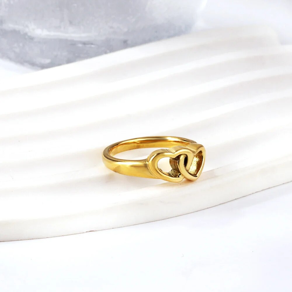 LUXUSTEEL Romantic Double Hollow Heart Rings for Women Stainless Steel Golden M image 15